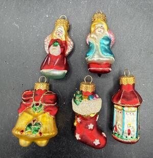 Lot Of 5 Unique Treasures Hand Blown and Painted Crafted Glass Ornaments -BG1